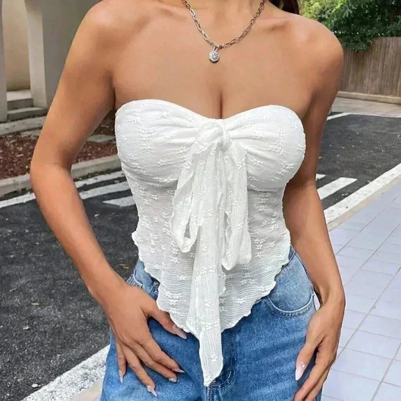 White Casual Women's Solid Color Style Bandeau Top With Strap Decoration - Picture 4 of 5